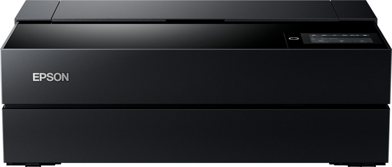 A black Epson printer with a glossy surface and a small control panel on the right side.