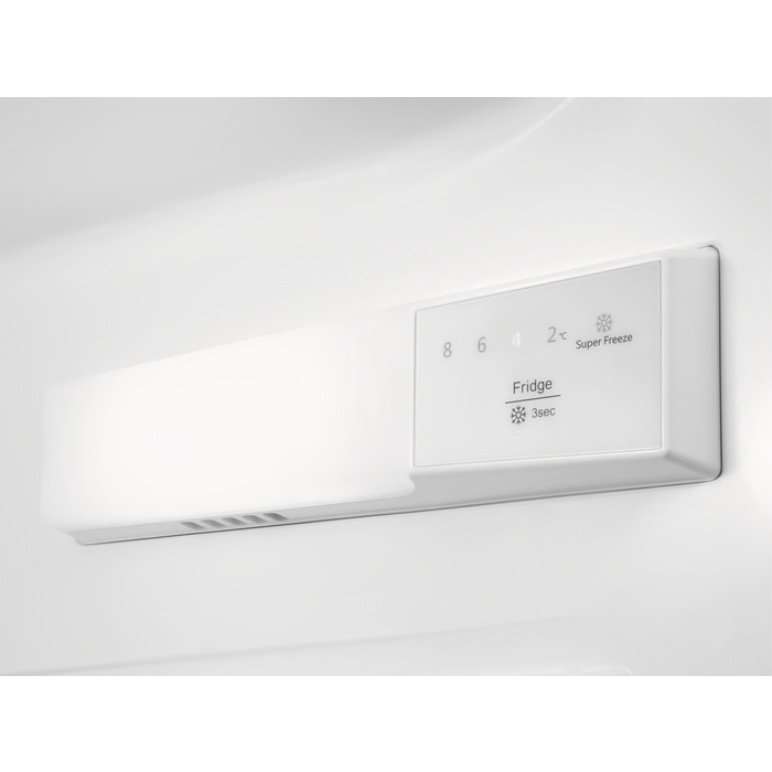 Pannello di controllo del frigorifero bianco con impostazioni di temperatura e Super Freeze.