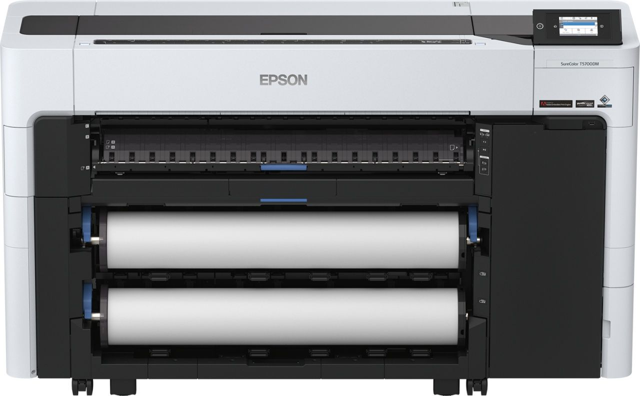 Una stampante di grande formato Epson bianca e nera con due rotoli di carta caricati sul davanti.