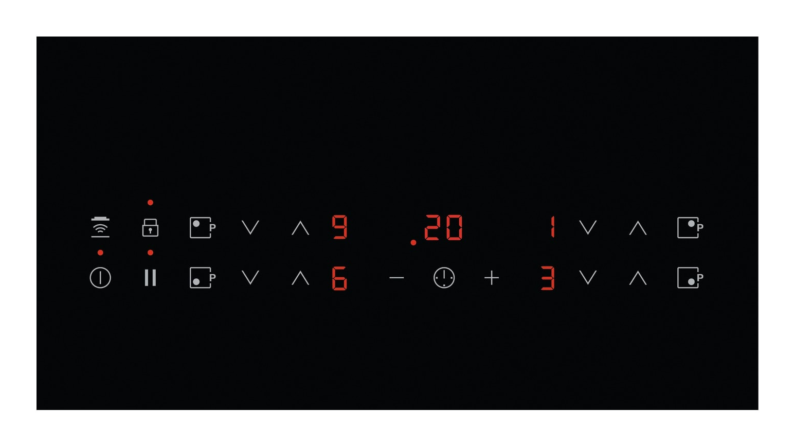 Placa de inducción negra con pantallas LED rojas, controles táctiles y varias zonas de cocción.