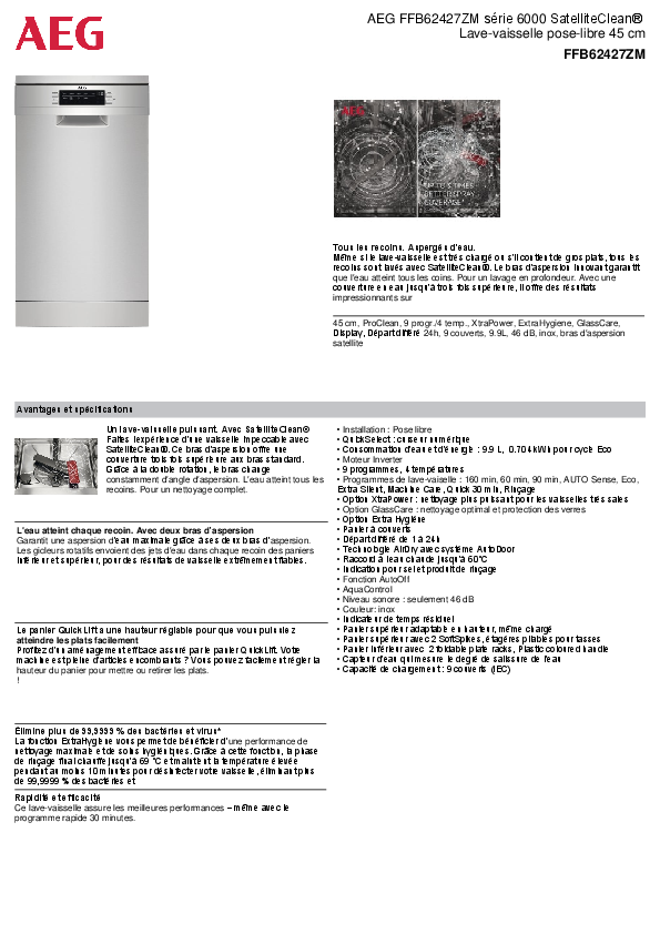 AEG FFB62427ZM freistehender Geschirrspüler (45 cm) mit technischen Daten und Produktbeschreibung.