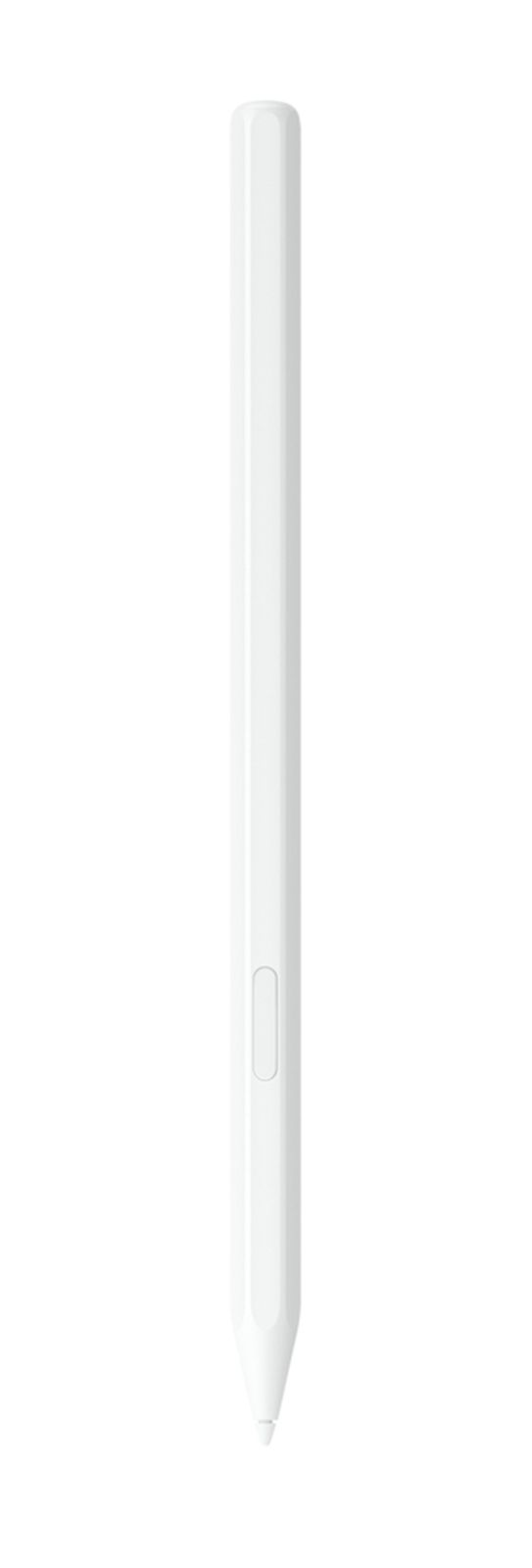 Una penna stilo digitale bianca con un bordo piatto e un piccolo pulsante su sfondo chiaro.