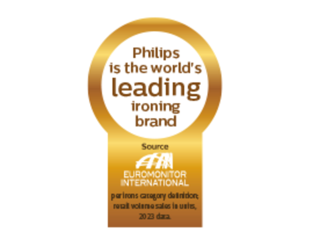 Goldenes Siegel mit Text: Philips ist die weltweite Nummer eins unter den Bügelmarken, Quelle Euromonitor.