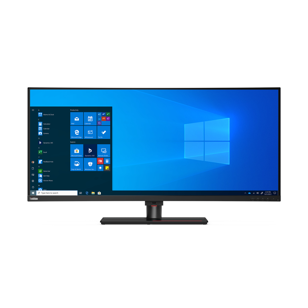Ein breiter Computermonitor mit dem Windows 10-Desktop, offenem Startmenü und blauem Hintergrund.