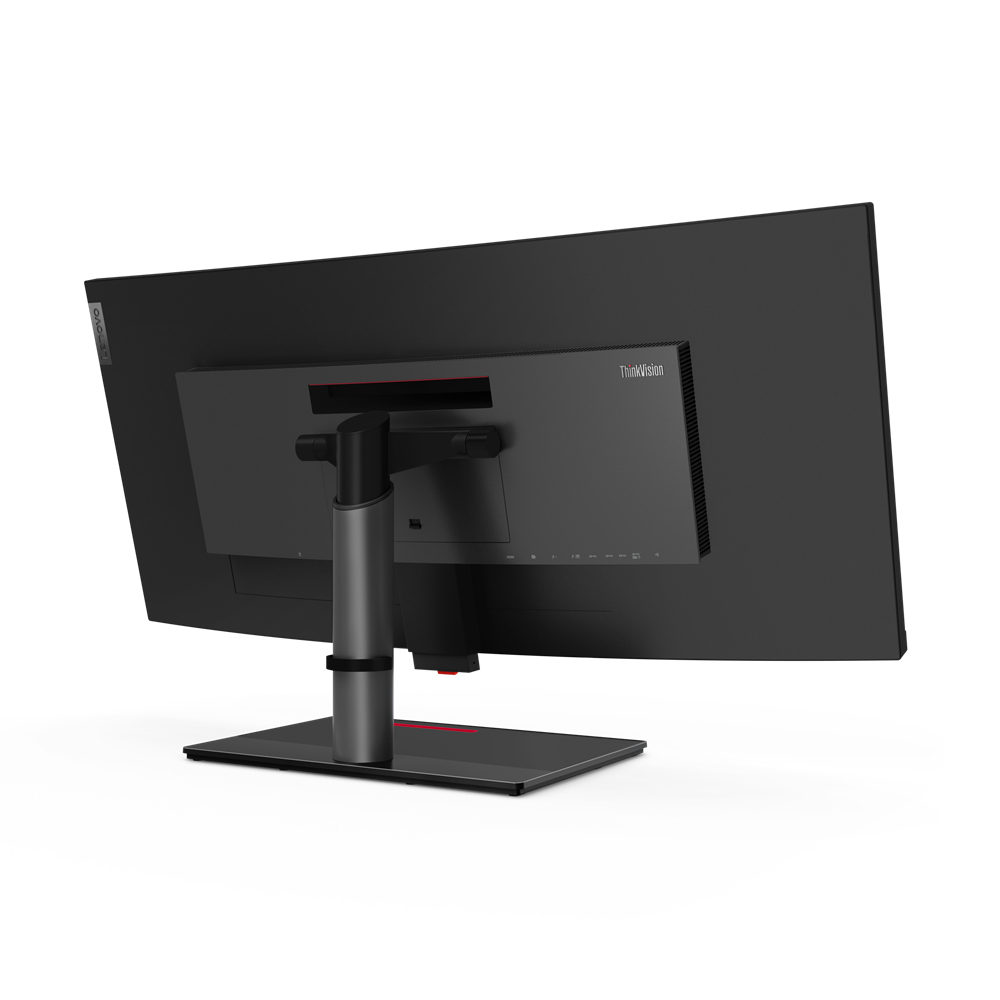 Rückansicht eines schwarzen Lenovo ThinkVision Monitors auf einem verstellbaren Standfuß.