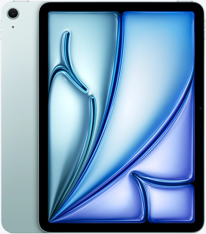 Ein hellblaues Tablet zeigt auf dem Bildschirm ein abstraktes Muster aus glänzenden, blauen Linien und Formen.