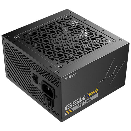 Schwarzes Antec GSK Gold 750W Netzteil mit Lüftungsgitter und Steckdosenanschluss.