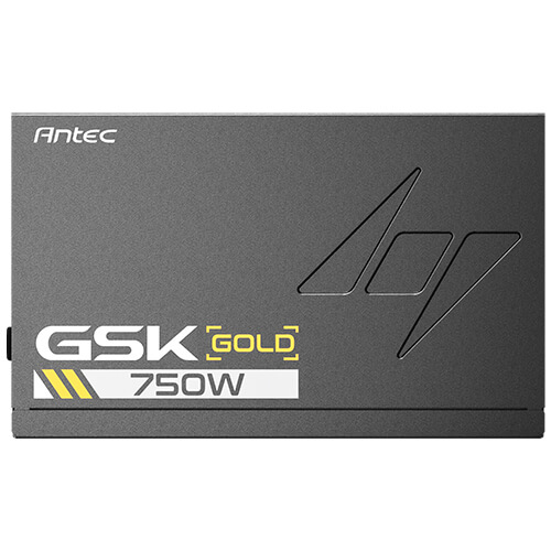 Antec GSK Gold 750W Netzteil in Grau mit gelben und weissen Akzenten.