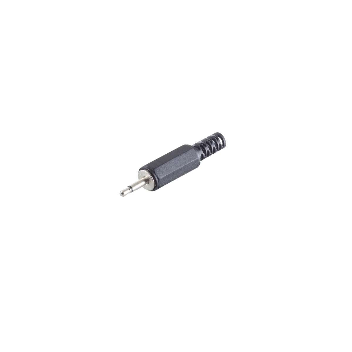 Ein schwarzer Audiostecker mit silbernem Stift auf weißem Hintergrund.