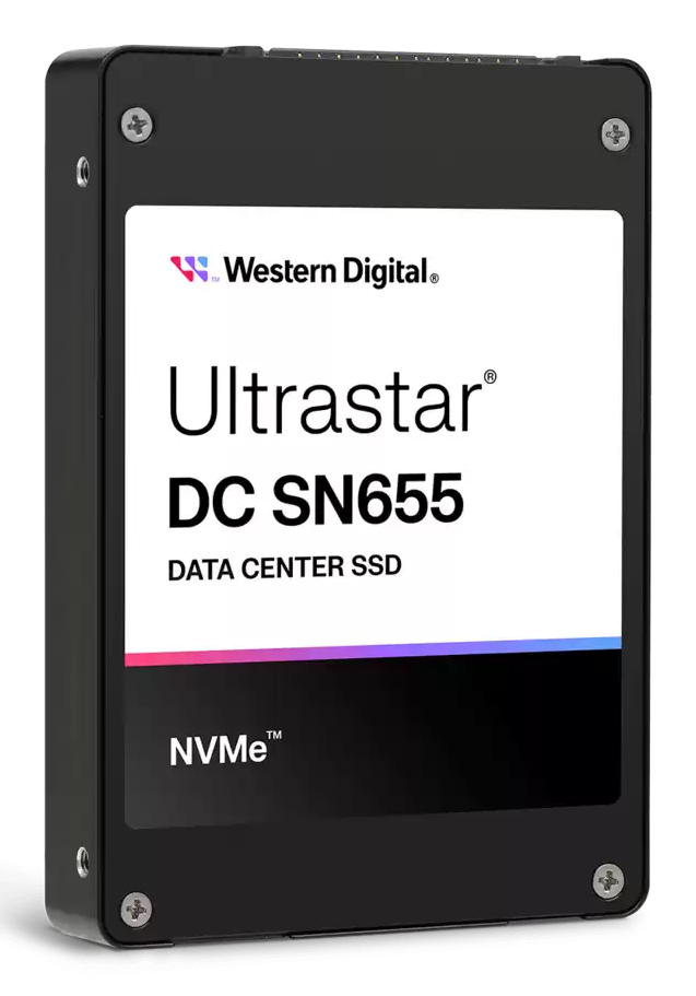 Western Digital Ultrastar DC SN655 NVMe Data Center SSD in a black metal enclosure on a white background.