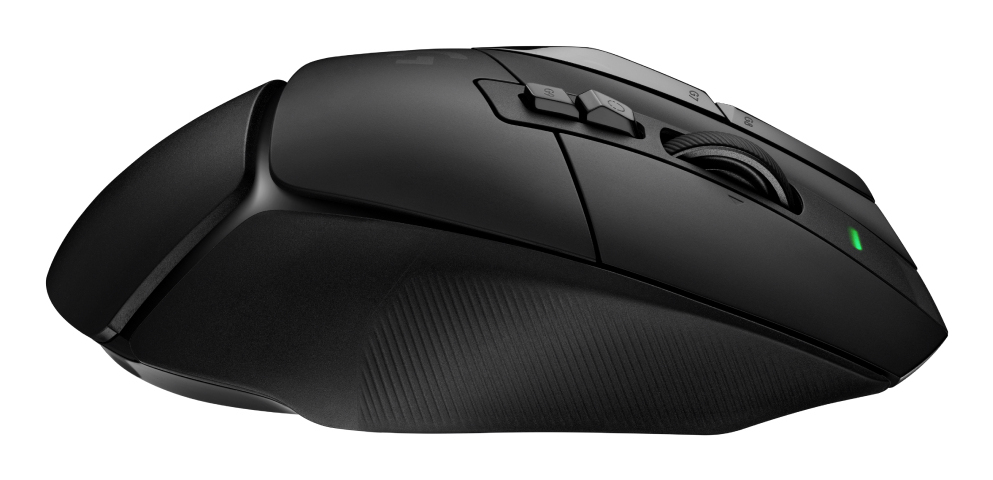 Un mouse da gioco wireless nero con design ergonomico e LED verde su sfondo bianco.