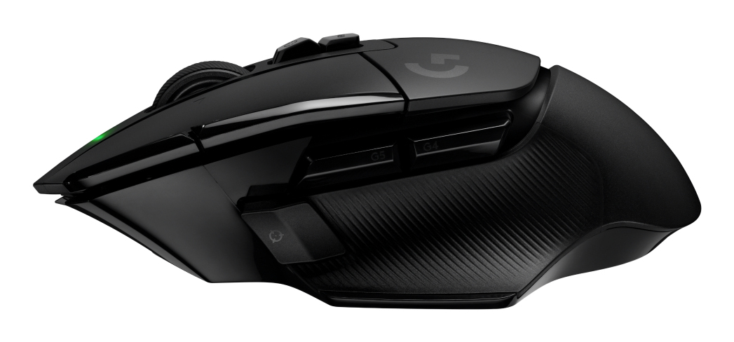 Vista laterale di un mouse da gioco wireless nero su sfondo bianco, che evidenzia la forma ergonomica e i tasti.