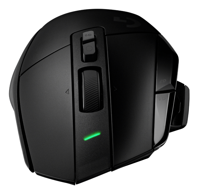 Mouse da gioco nero con rotella di scorrimento e indicatore LED verde luminoso.
