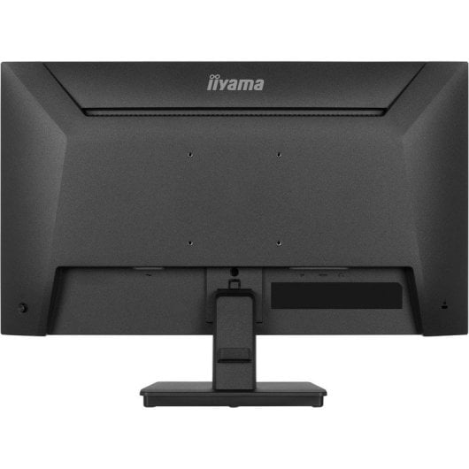 Rückansicht eines schwarzen iiyama Monitors mit Standfuß und VESA-Halterungslöchern auf weißem Hintergrund.