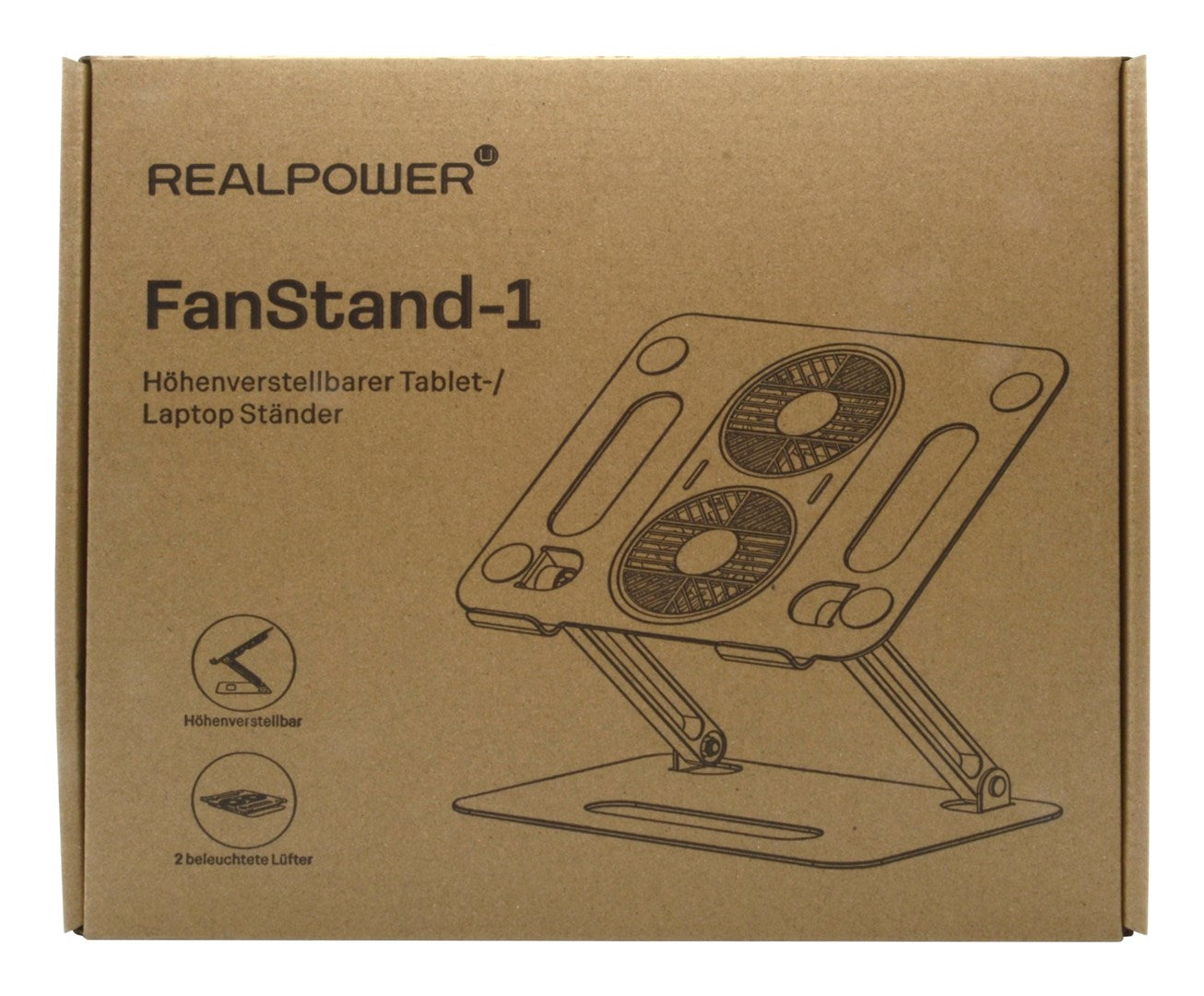 Braune Pappschachtel mit Realpower FanStand-1 Logo und Skizze des höhenverstellbaren Laptopständers.