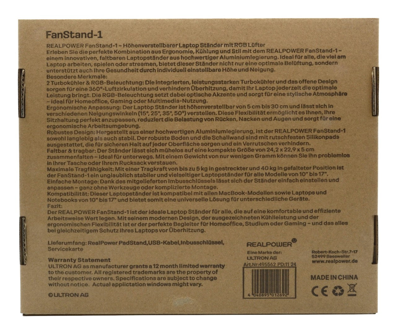 Rückseite einer braunen Produktverpackung mit schwarzem Text, Barcode und Herstellersymbolen.