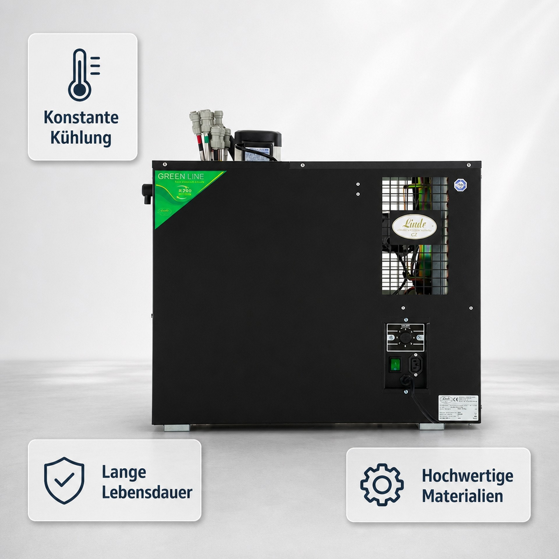 Unità di raffreddamento nera con etichetta Green Line verde, griglia di ventilazione e tre icone.