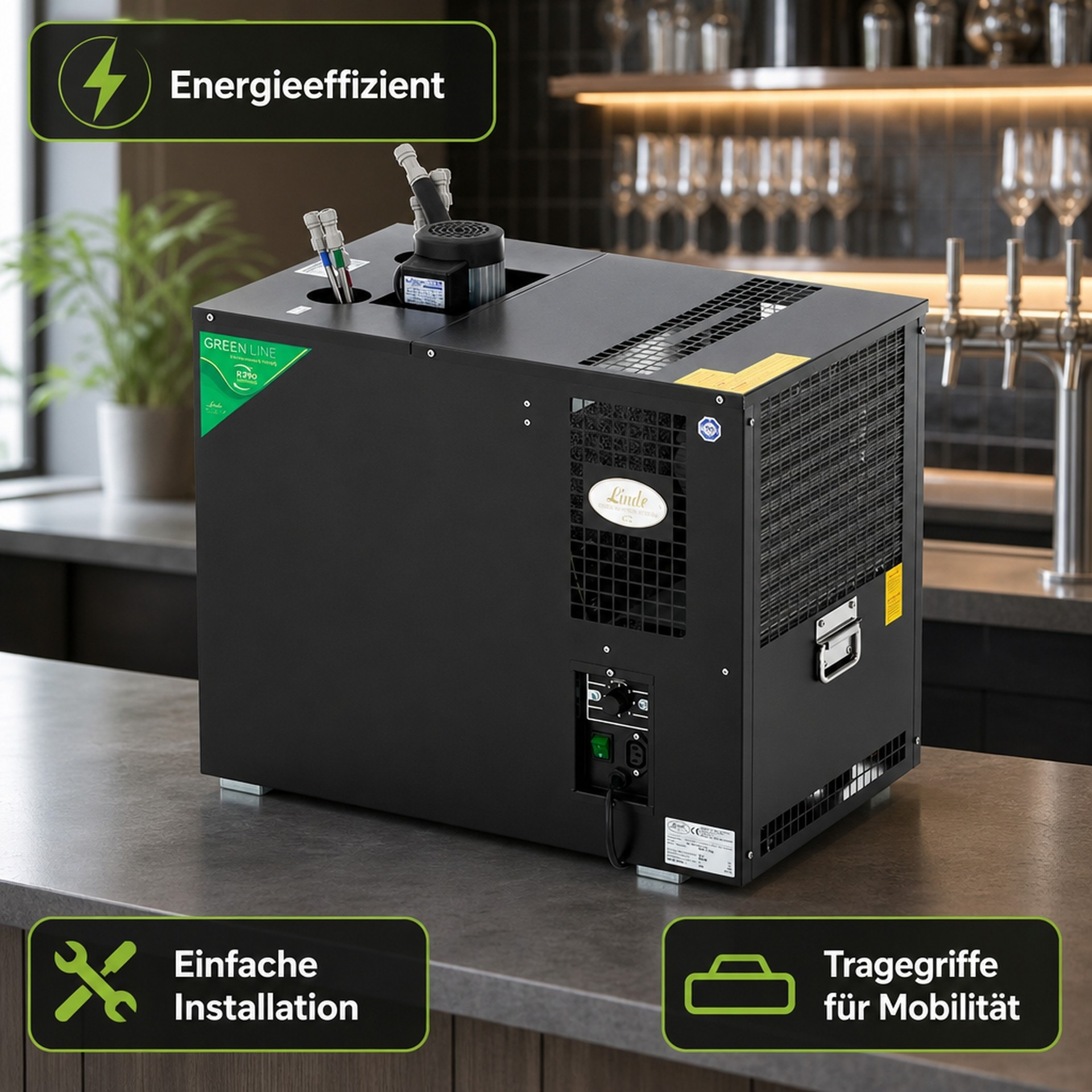 Un dispositivo di raffreddamento nero su un bancone da bar con riquadri di testo su efficienza e installazione.