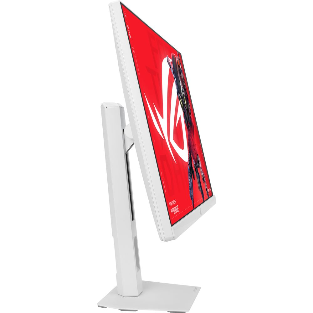 Ein weißer Computerbildschirm von der Seite, der ein rot-weißes Gaming-Logo anzeigt.