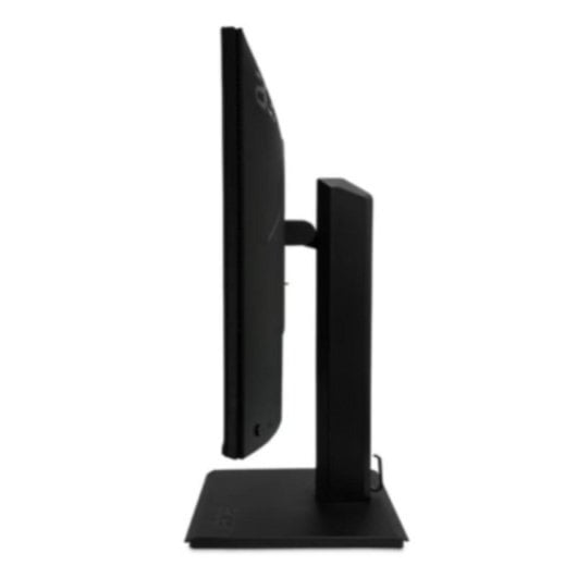 A side view of a black computer monitor on a stand, isolated on a white background.