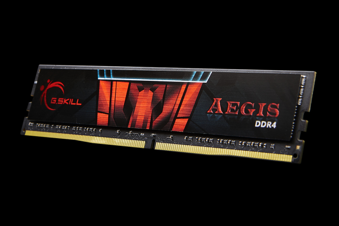 Un modulo RAM DDR4 G.Skill Aegis con dissipatore nero e rosso su sfondo scuro.