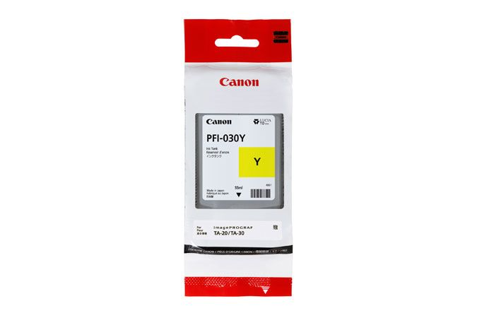 A Canon PFI-030Y yellow ink tank package on a white background.