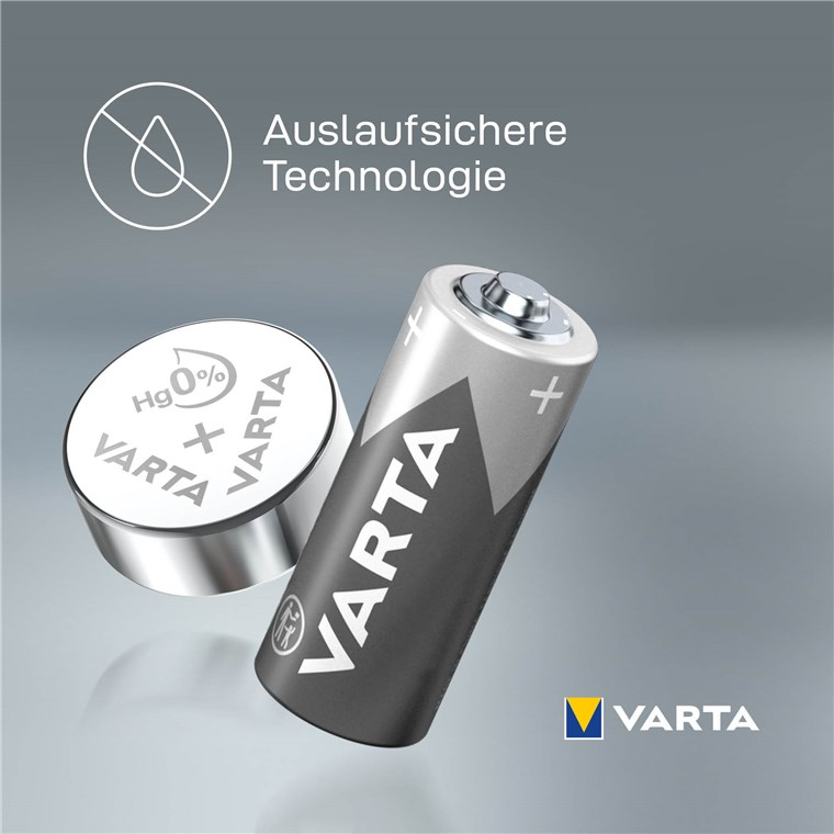 Varta batteries on a grey background with German text about leak-proof technology.