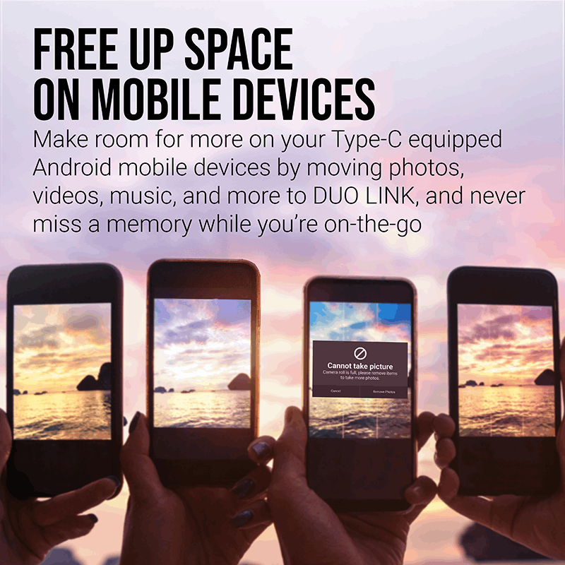 Four hands holding smartphones with text "Free up space on mobile devices" above a sunset background.