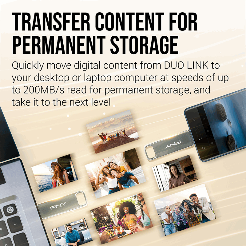 Promo image showing USB drives, laptop, smartphone, and multiple photos, with content transfer text.