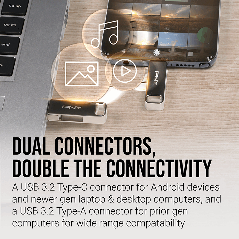 PNY dual USB drives connected to a laptop and smartphone with icons and promotional text on a wooden desk.