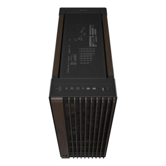 Case per PC nero con dettagli in legno e pannello superiore in rete visto dall'alto.