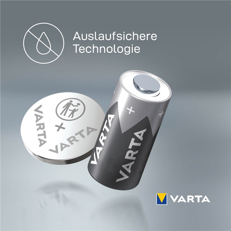 Varta AA battery and coin cell on a grey background with leak-proof technology text.