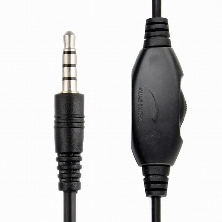 A black audio cable with a 3.5mm jack plug and an integrated volume control unit.