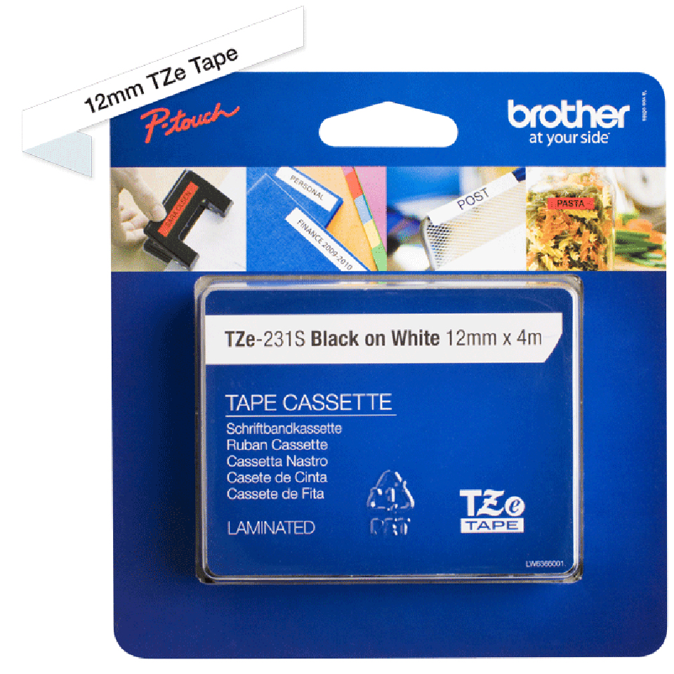 Brother TZe-231S 12mm x 4m schwarzes auf weißem Klebeband in blauer Verpackung.