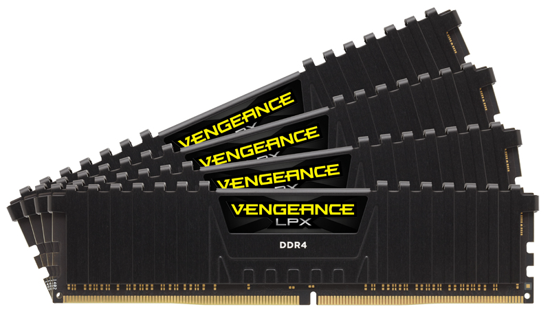 Vier schwarze Corsair Vengeance LPX DDR4 RAM-Riegel diagonal gestapelt auf weißem Hintergrund.