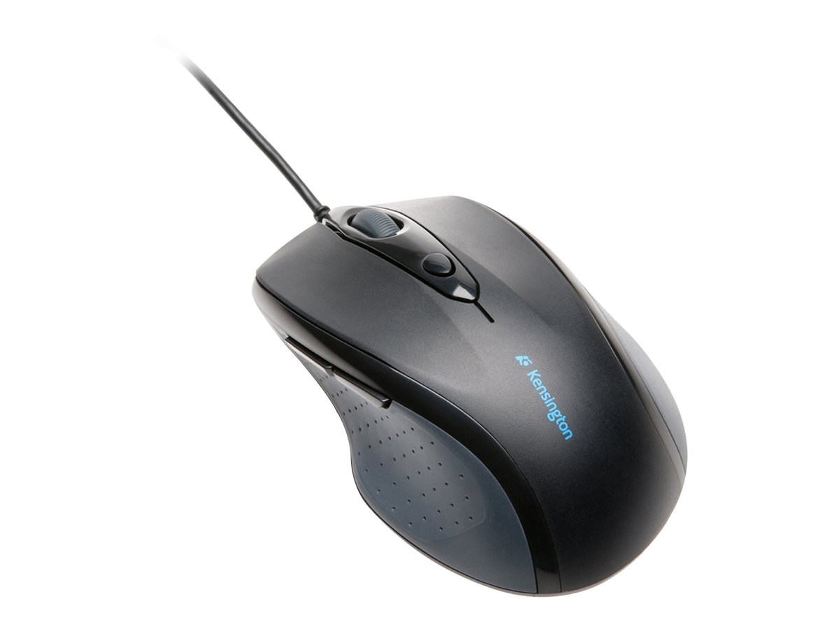 A black wired Kensington computer mouse with textured sides and a scroll wheel, isolated on a white background.