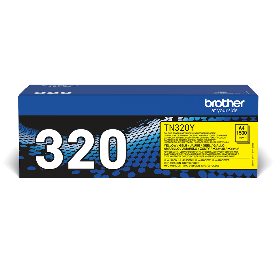 Brother TN320Y yellow toner cartridge box featuring large 320 text on a blue and black patterned background.