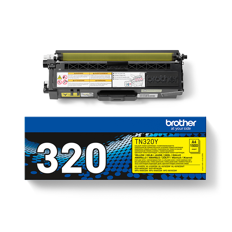 Brother TN320Y yellow toner cartridge and packaging on white background.