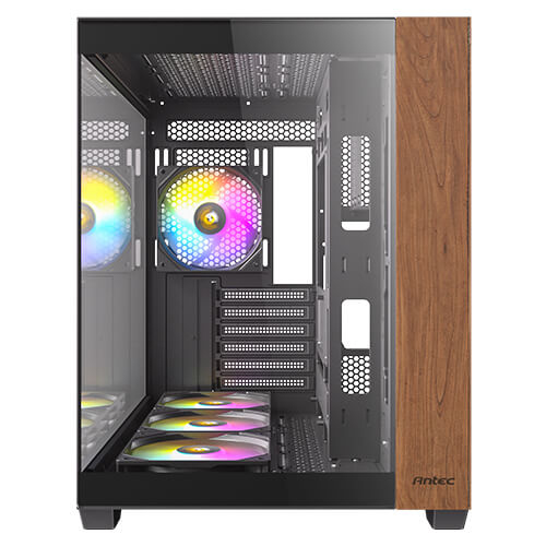 Ein schwarzes PC-Gehäuse mit Holzfront und leuchtenden RGB-Lüftern.
