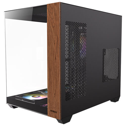 Schwarzes PC-Gehäuse mit Holzakzent, Glasfront und Mesh-Seitenwänden.