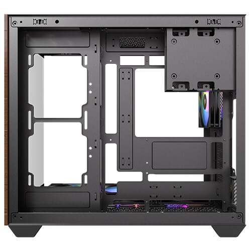 Ein leeres schwarzes PC-Gehäuse mit internen Halterungen und montierten RGB-Lüftern.