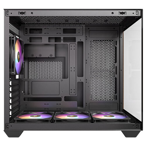 Innenansicht eines leeren schwarzen PC-Gehäuses mit vier installierten RGB-Lüftern.