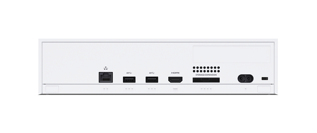 Rückseite einer weißen Konsole mit Netzwerk, USB, HDMI, Speichererweiterung und Stromeingang.