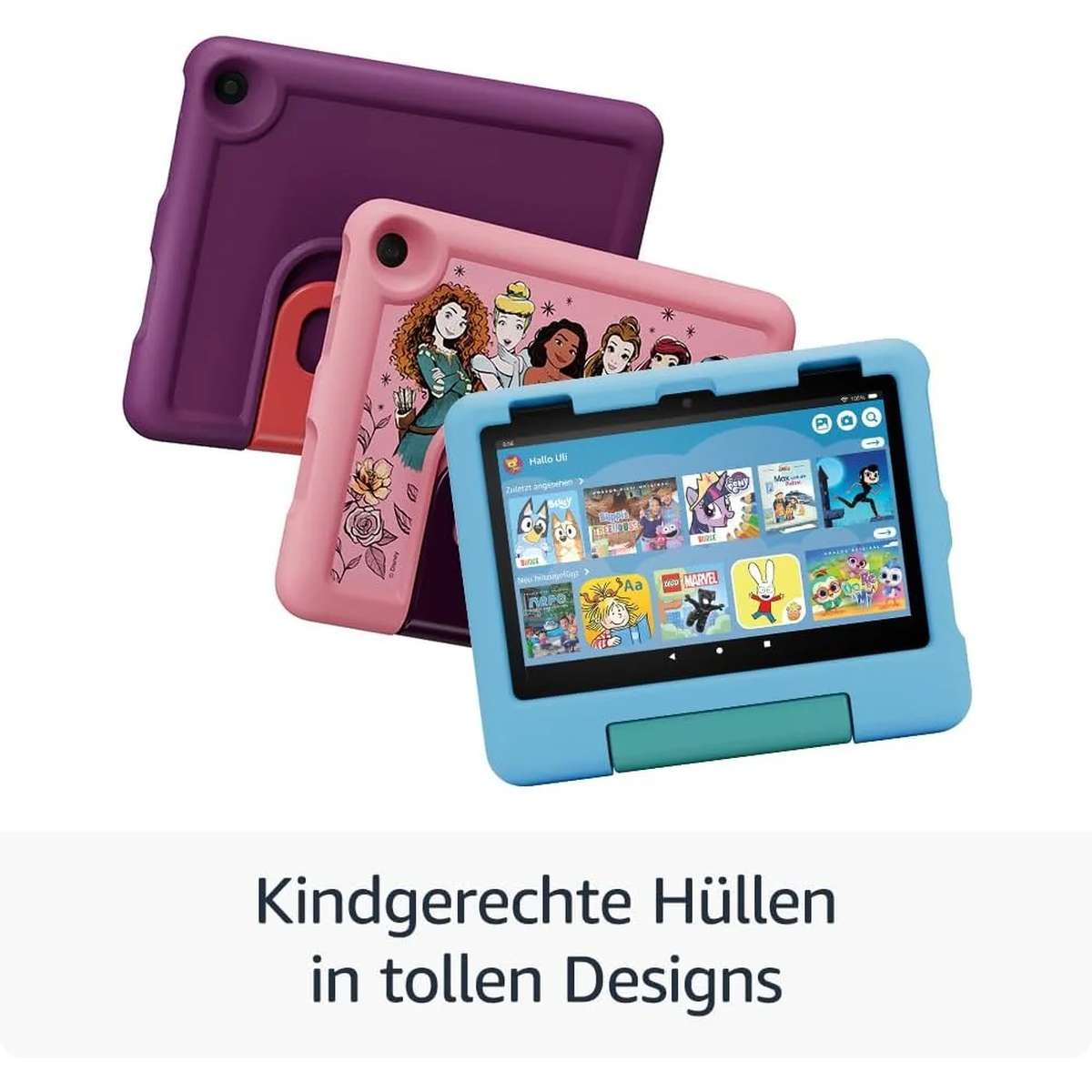 Drei bunte Tablethüllen für Kinder mit verschiedenen Designs auf weißem Hintergrund.