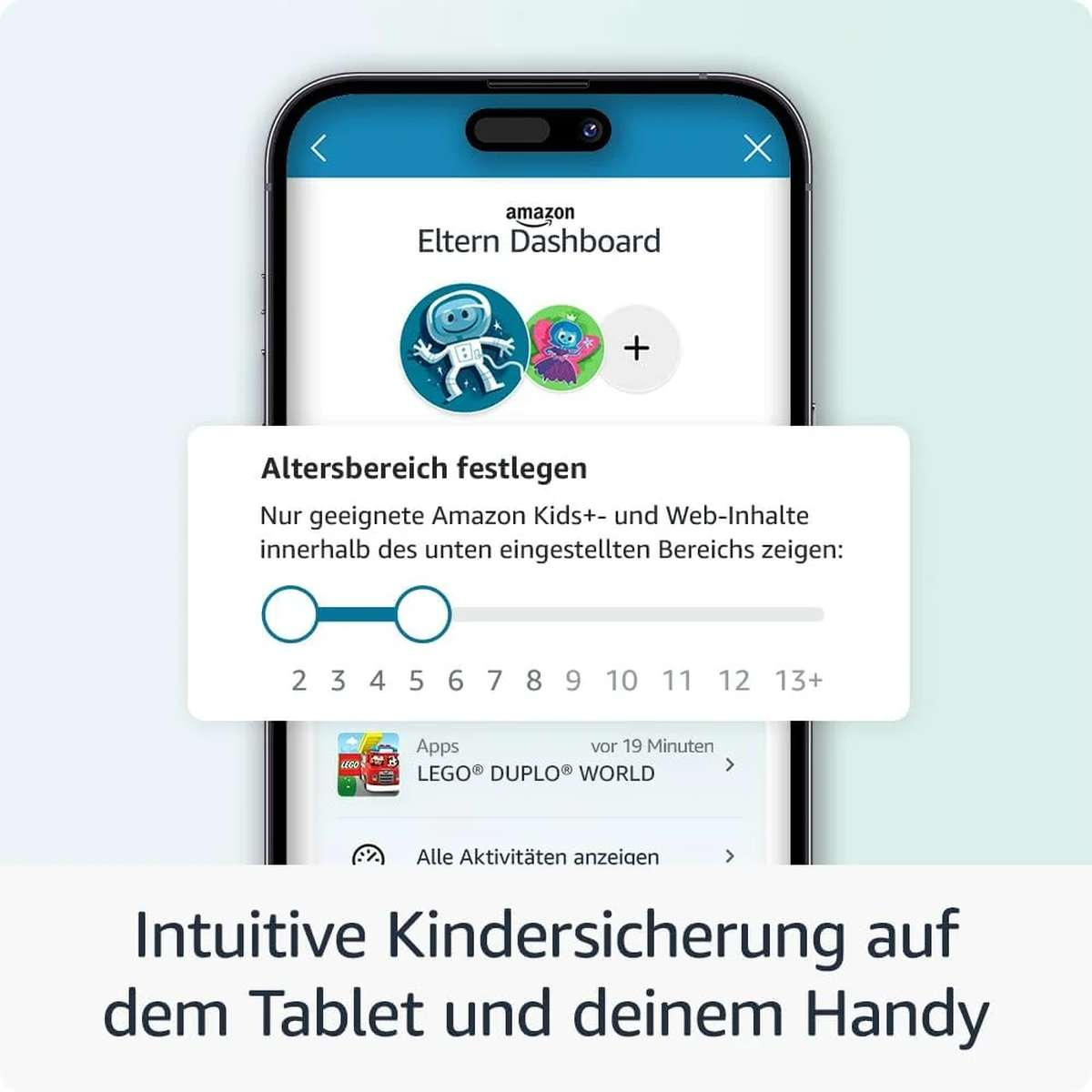 Smartphone-Bildschirm zeigt die Amazon Eltern Dashboard App mit Einstellungen zur Altersfreigabe.
