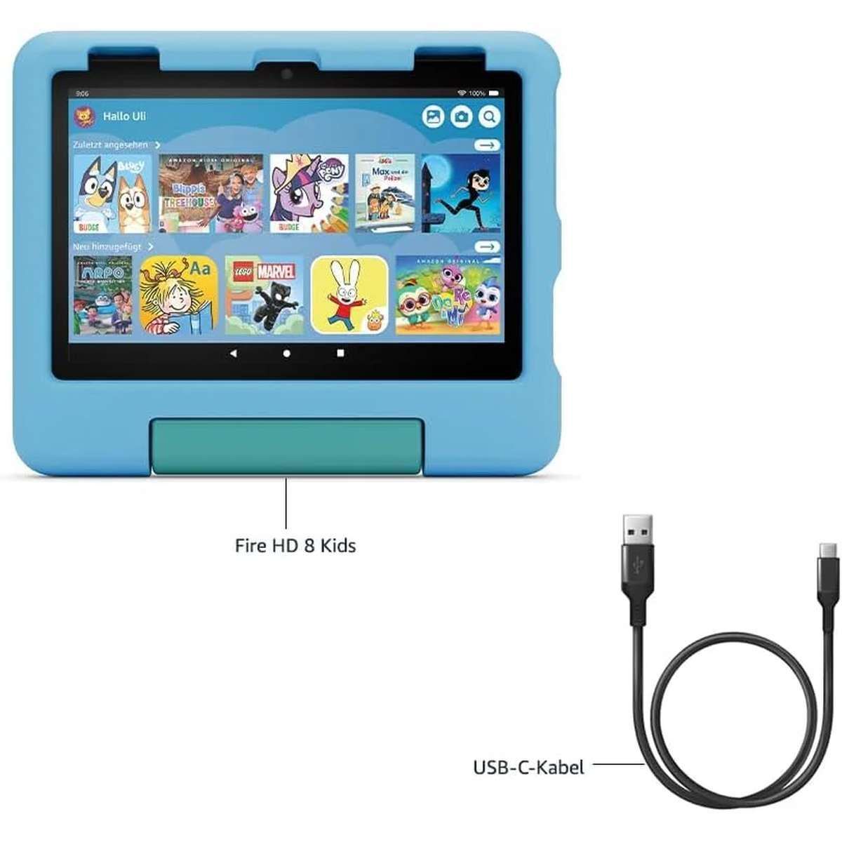 Blaue Fire HD 8 Kids Tablet in Schutzhülle mit USB-C-Kabel.