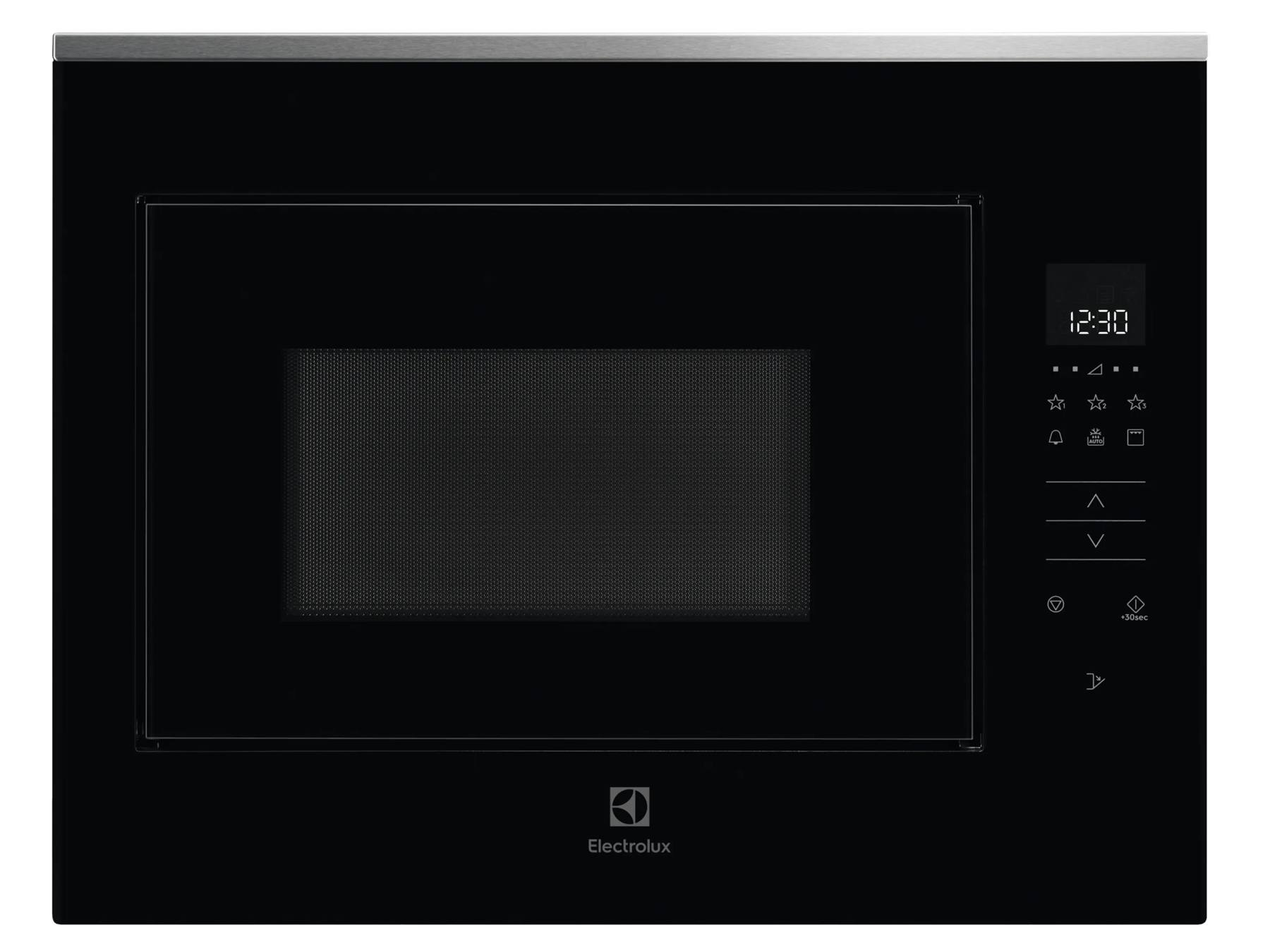 Un microonde a incasso Electrolux nero con display digitale e comandi a sfioramento.