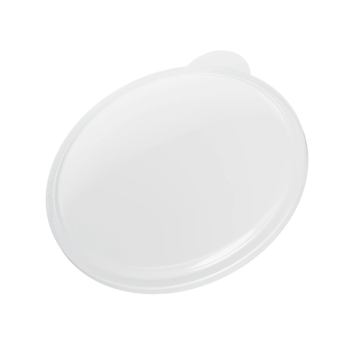 Un coperchio rotondo trasparente con una piccola linguetta su sfondo bianco.