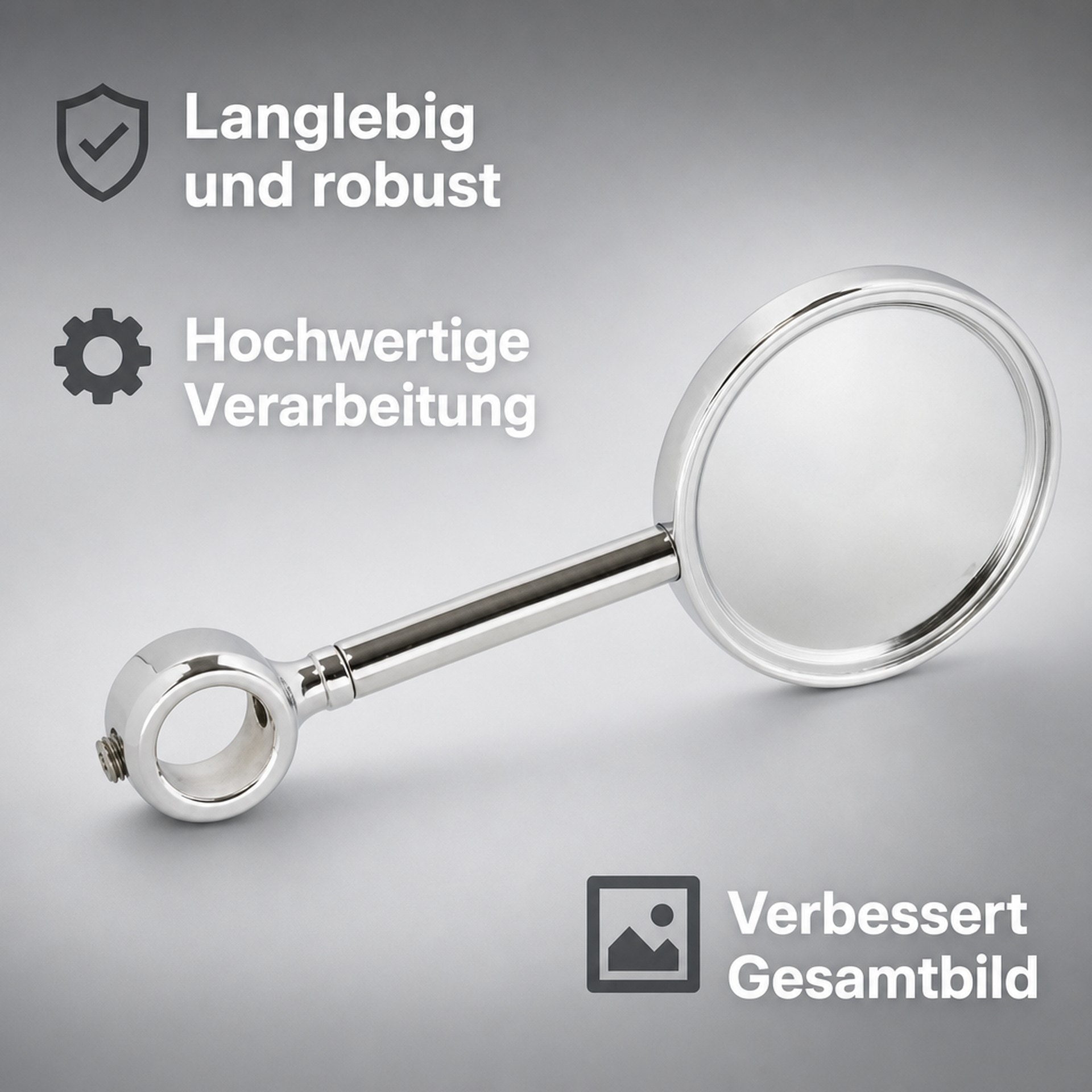 Zilveren vergrootglas op grijze achtergrond met Duitse tekst over kwaliteit en duurzaamheid.