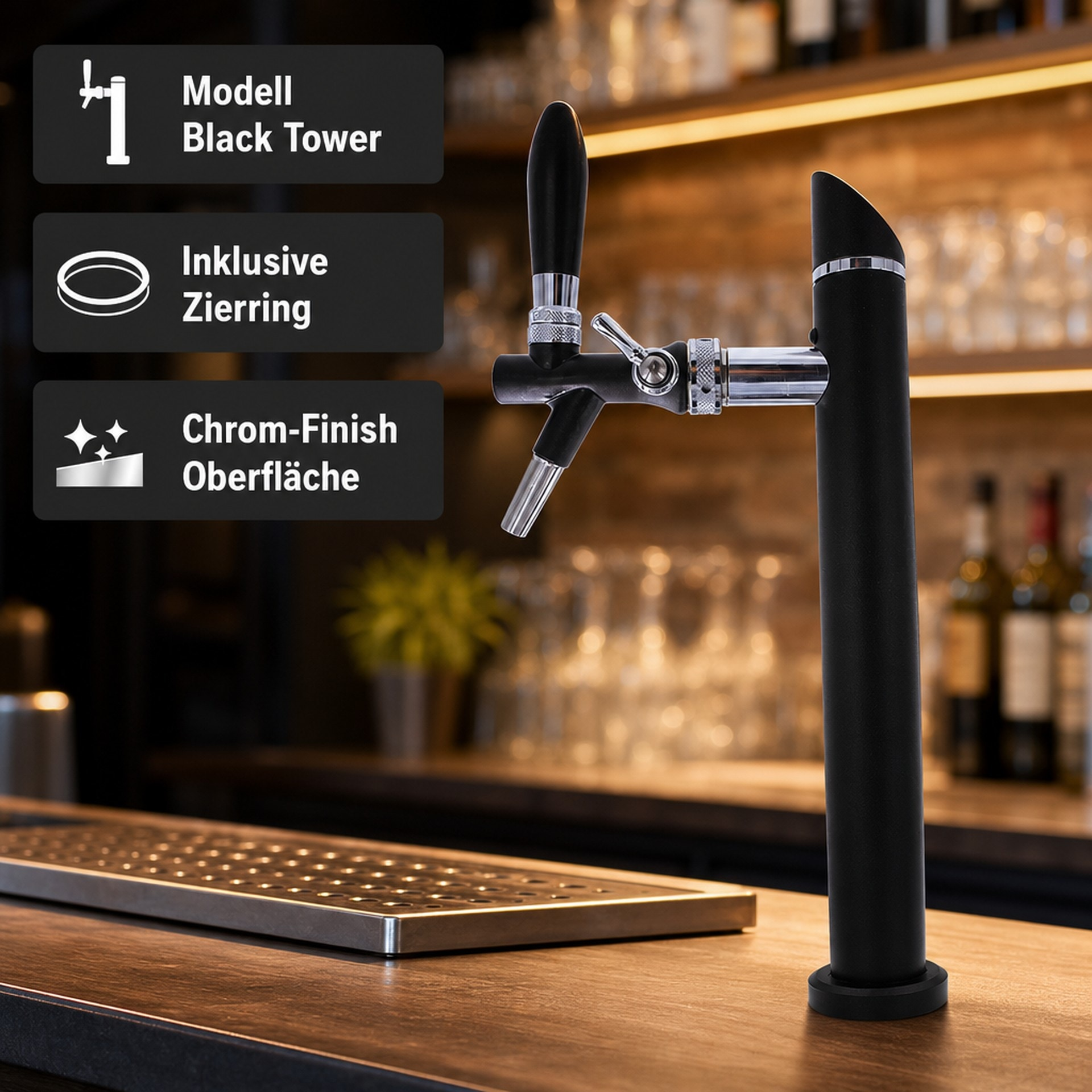 Zwarte tapzuil met chromen details op een houten bar, met verlichte glazen op de achtergrond.